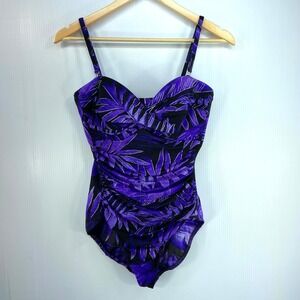 MiracleSuit Purple Black Palm Frond One Piece Swimsuit Bathing Suit Womens 10